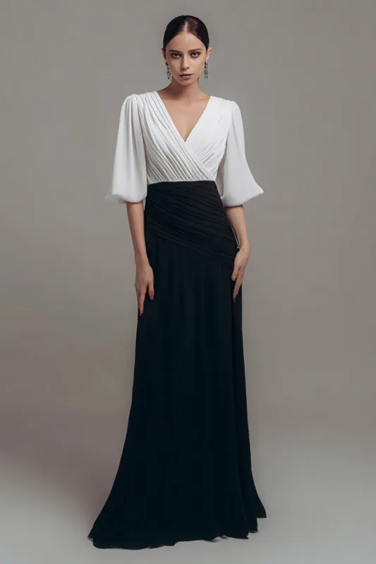 Pleated V Neck Black White A Line Long Formal Dress sold by Zapaka