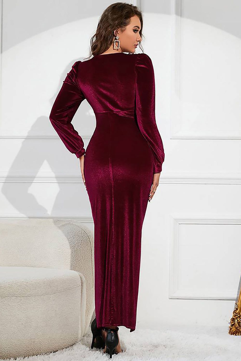 Black Long Sleeve Deep V-Neck Party Dress With Slit sold by Zapaka product image thumbnail 5