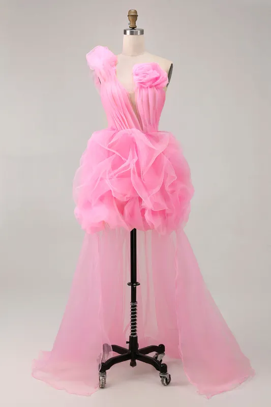 Hot Pink A Line One Shoulder Ruffled Short Homecoming Dress sold by Zapaka