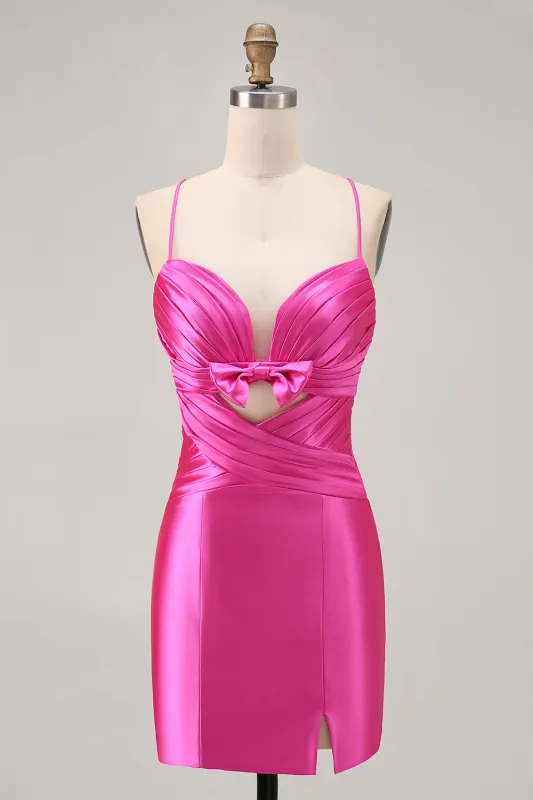 Fuchsia Cut Out Pleated Tight Homecoming Dress with Bow sold by Zapaka