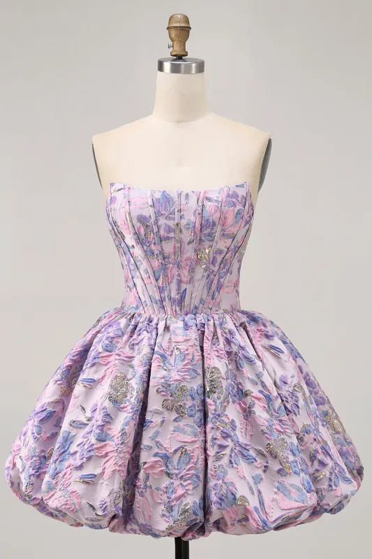Purple Strapless Brocade A-Line Corset Mini Homecoming Dress with Bubble-Hem sold by Zapaka