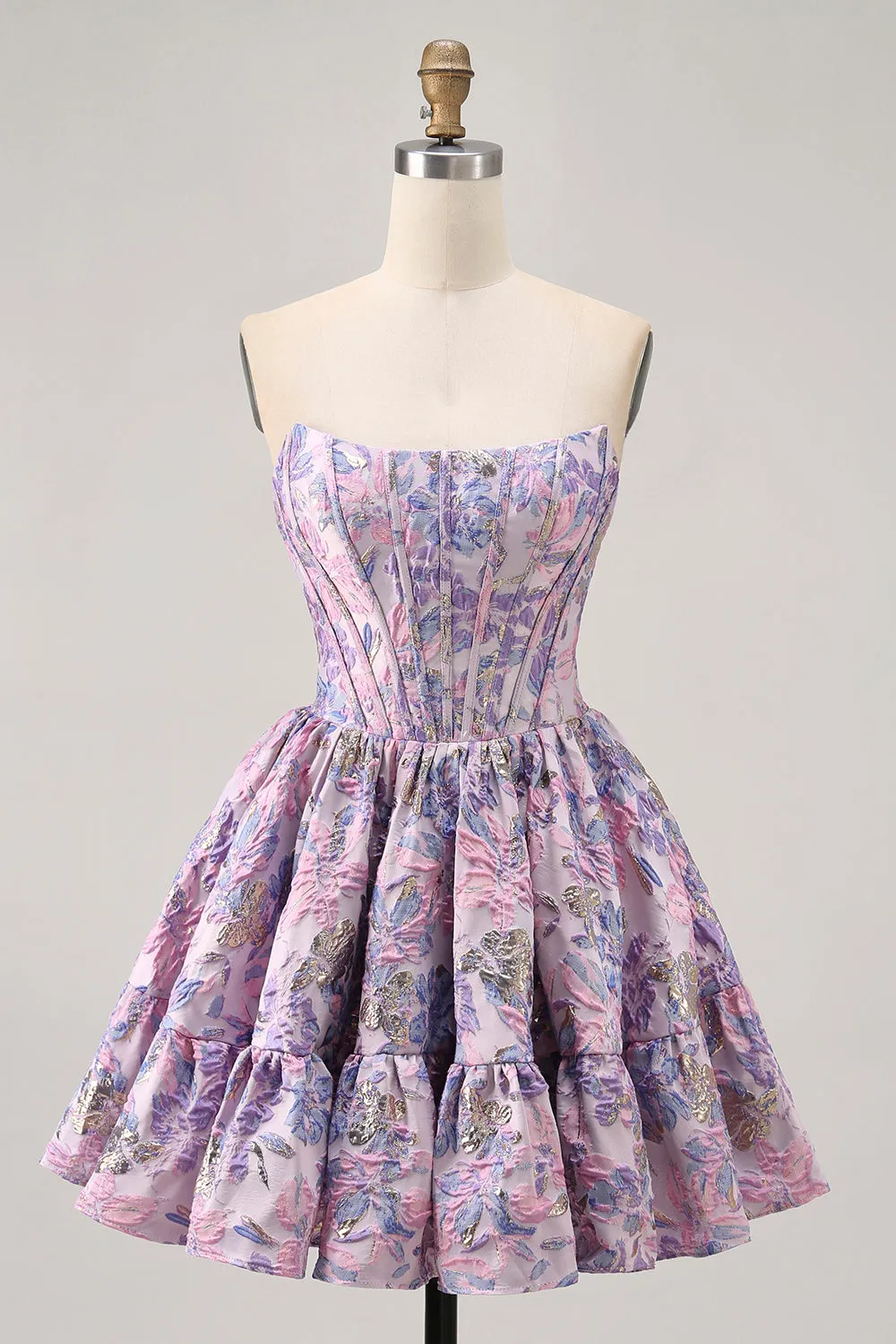 Off The Shoulder Brocade Floral A Line Printed Purple Homecoming Dress sold by Zapaka product image thumbnail 4