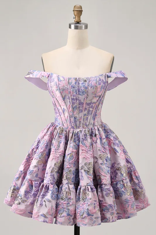 Off The Shoulder Brocade Floral A Line Printed Purple Homecoming Dress sold by Zapaka