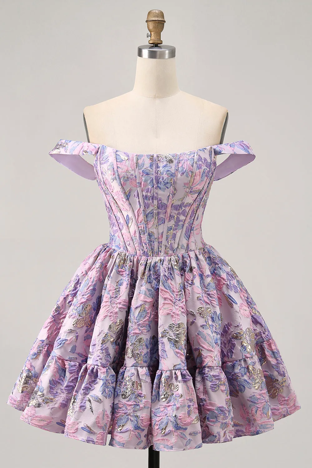 Off The Shoulder Brocade Floral A Line Printed Purple Homecoming Dress sold by Zapaka