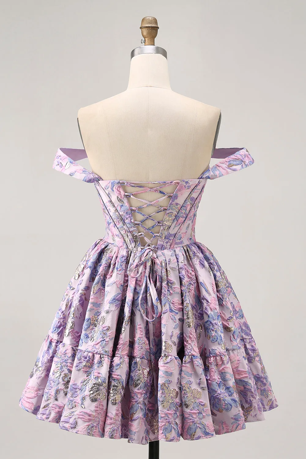 Off The Shoulder Brocade Floral A Line Printed Purple Homecoming Dress sold by Zapaka product image thumbnail 2