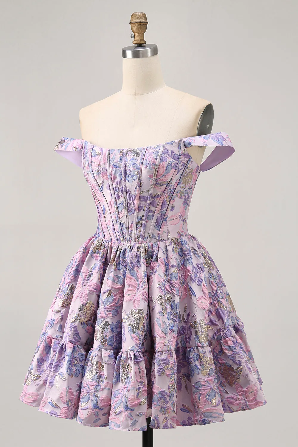 Off The Shoulder Brocade Floral A Line Printed Purple Homecoming Dress sold by Zapaka product image thumbnail 3