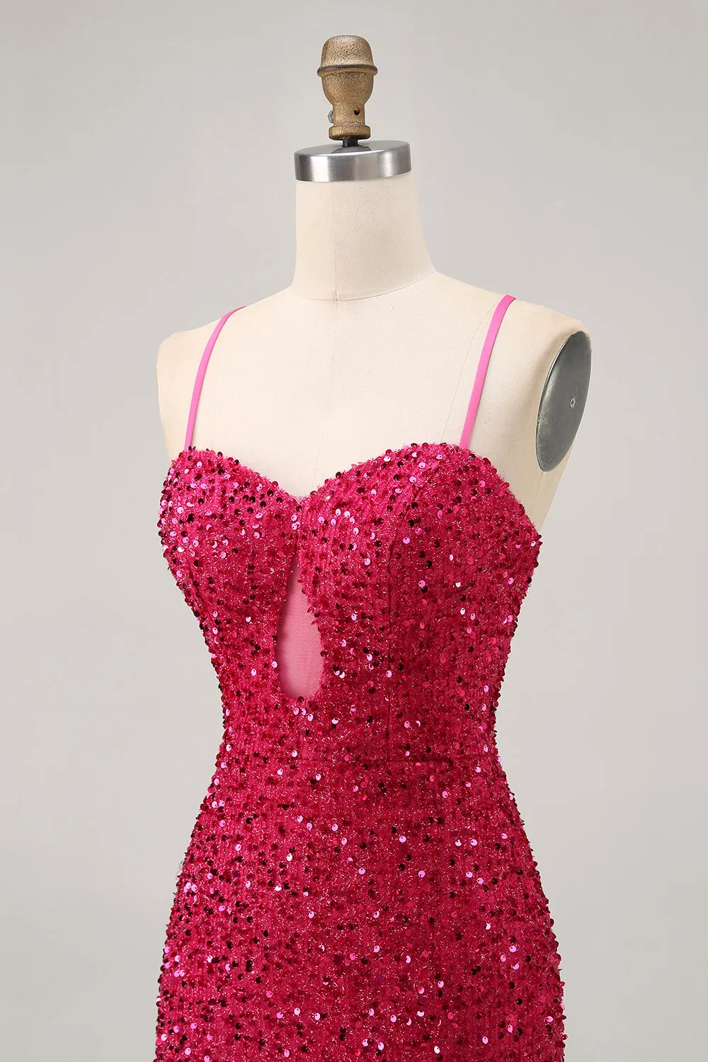 Sparkly Sequins Fuchsia Spaghetti Straps Short Tight Homecoming Dress sold by Zapaka product image thumbnail 5