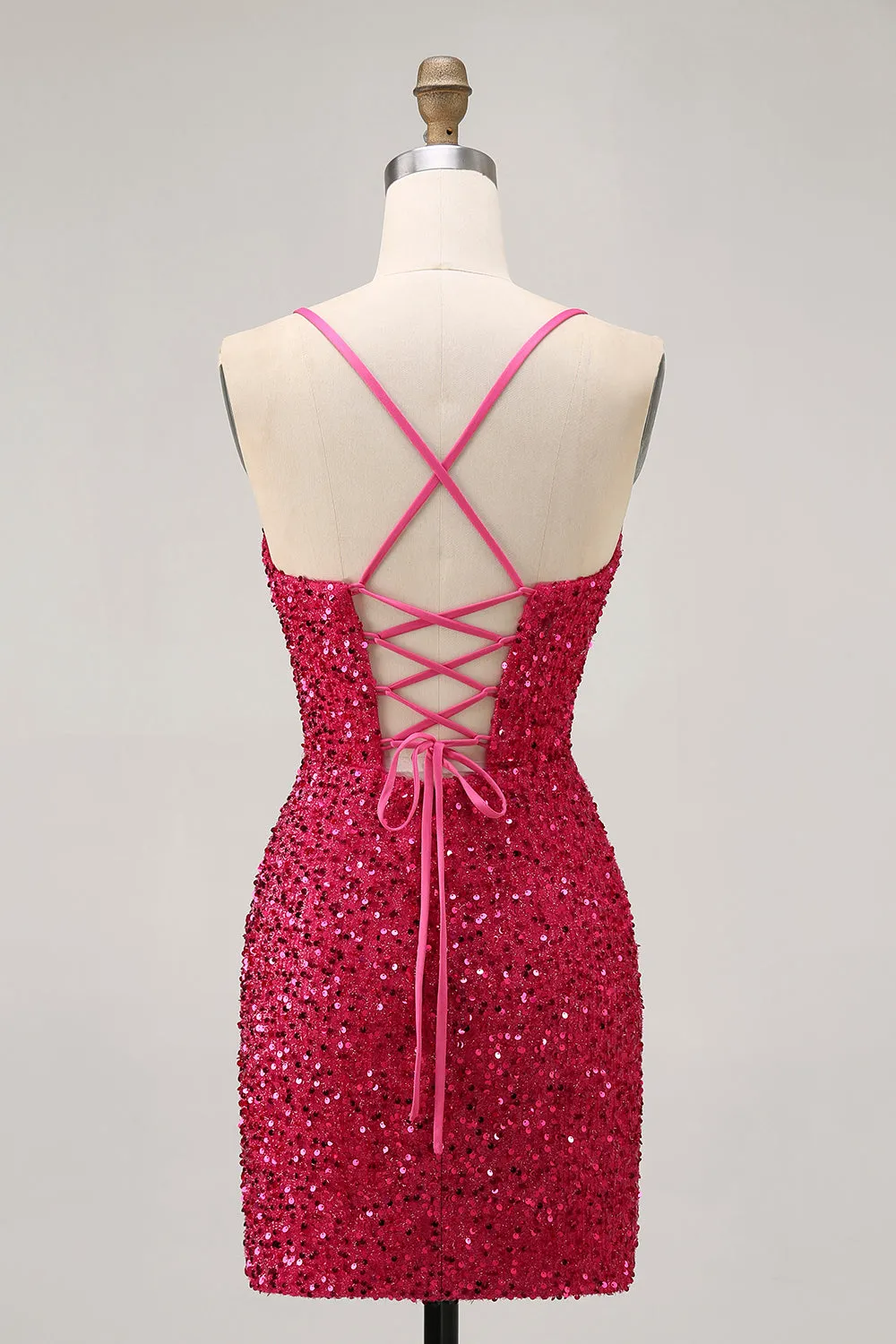 Sparkly Sequins Fuchsia Spaghetti Straps Short Tight Homecoming Dress sold by Zapaka product image thumbnail 2