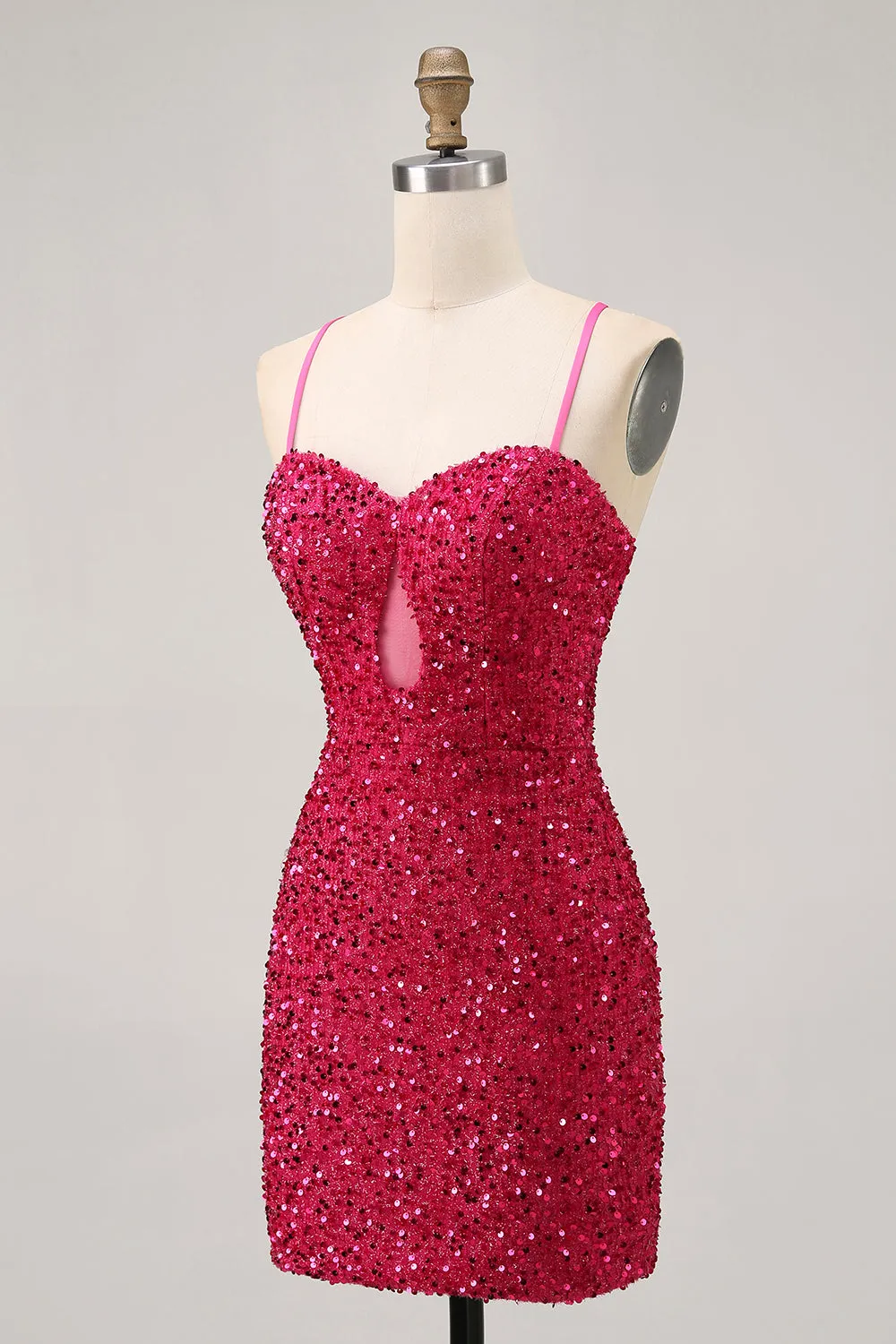 Sparkly Sequins Fuchsia Spaghetti Straps Short Tight Homecoming Dress sold by Zapaka product image thumbnail 3