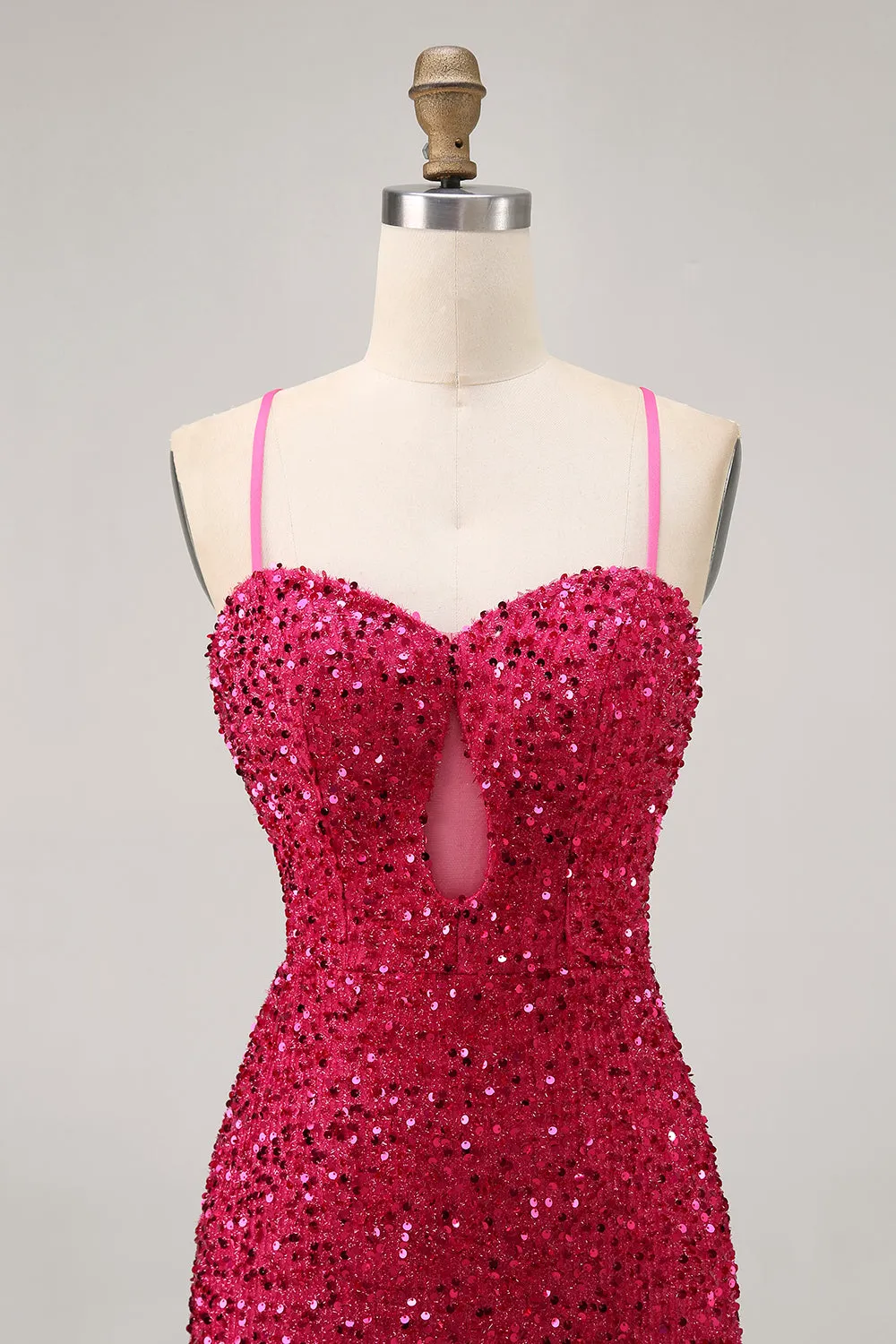 Sparkly Sequins Fuchsia Spaghetti Straps Short Tight Homecoming Dress sold by Zapaka product image thumbnail 4