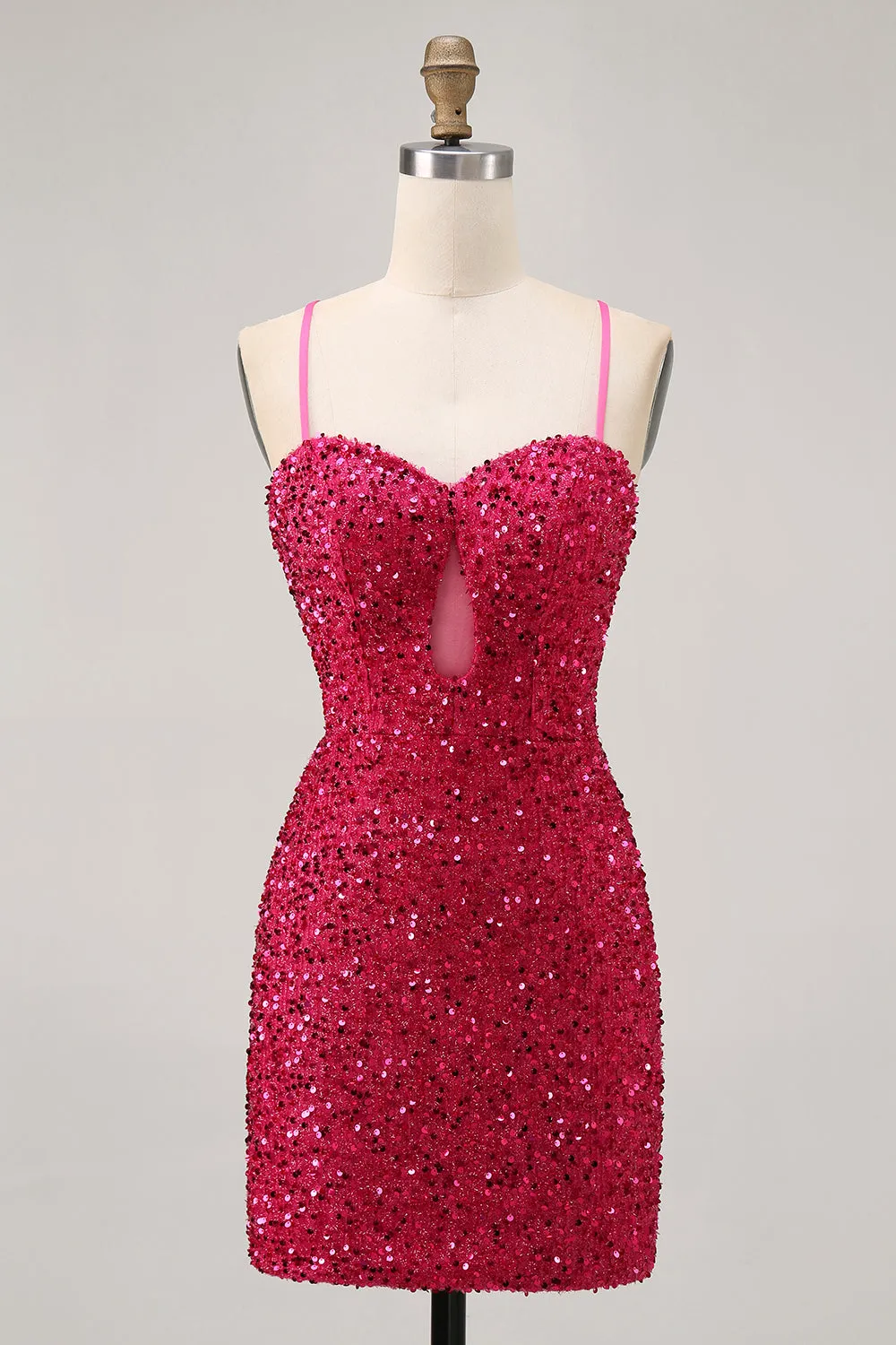 Sparkly Sequins Fuchsia Spaghetti Straps Short Tight Homecoming Dress sold by Zapaka