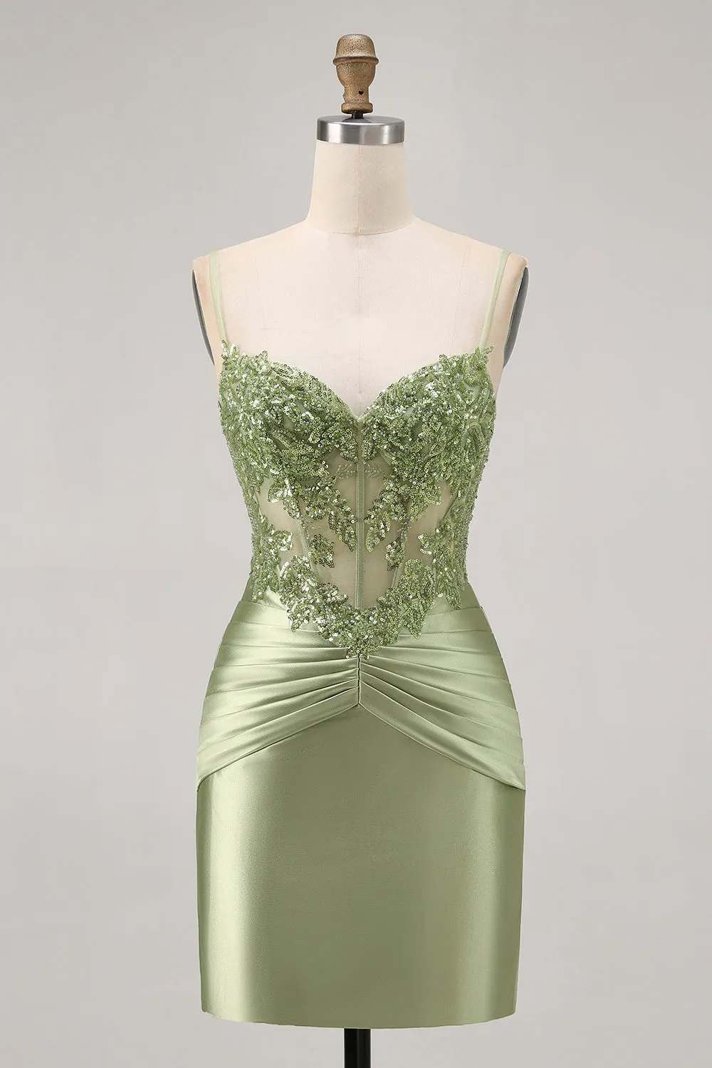 Green Strapless Corset Sequins Bodycon Short Homecoming Dress with Appliques sold by Zapaka