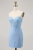 Blue Bodycon Strapless Beaded Short Homecoming Dress sold by Zapaka