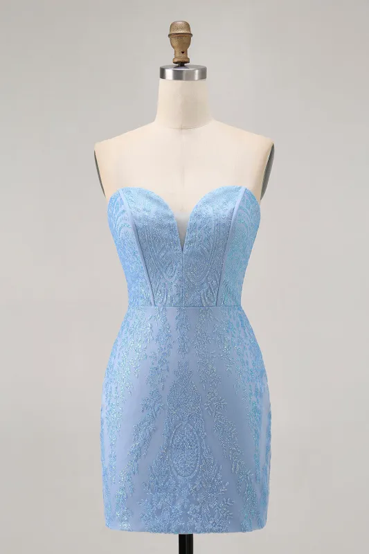 Blue Bodycon Strapless Beaded Short Homecoming Dress sold by Zapaka