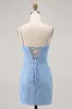 Blue Bodycon Strapless Beaded Short Homecoming Dress sold by Zapaka