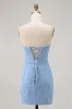 Blue Bodycon Strapless Beaded Short Homecoming Dress sold by Zapaka