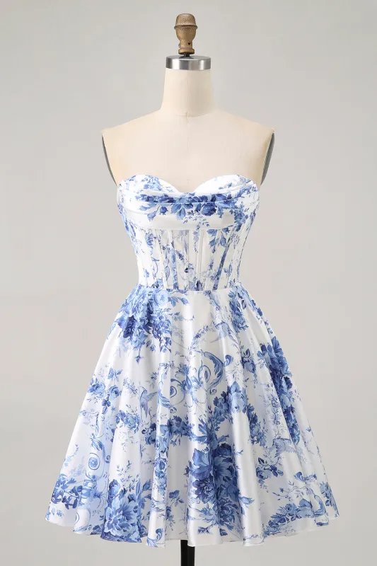 White Blue Flower A Line Strapless Corset Short Homecoming Dress sold by Zapaka
