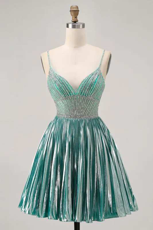 Metallic Satin Green A Line Spaghetti Straps Sequins Short Homecoming Dress sold by Zapaka