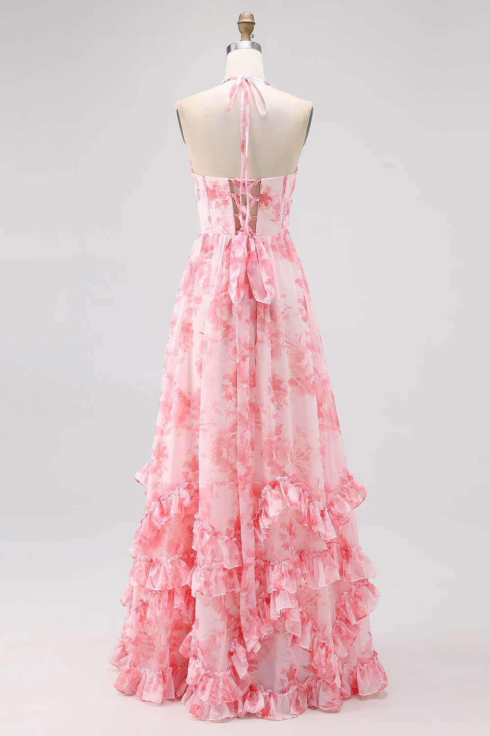 Blush Beaded Halter Printed Floral Wedding Guest Dress with Slit sold by Zapaka product image thumbnail 2