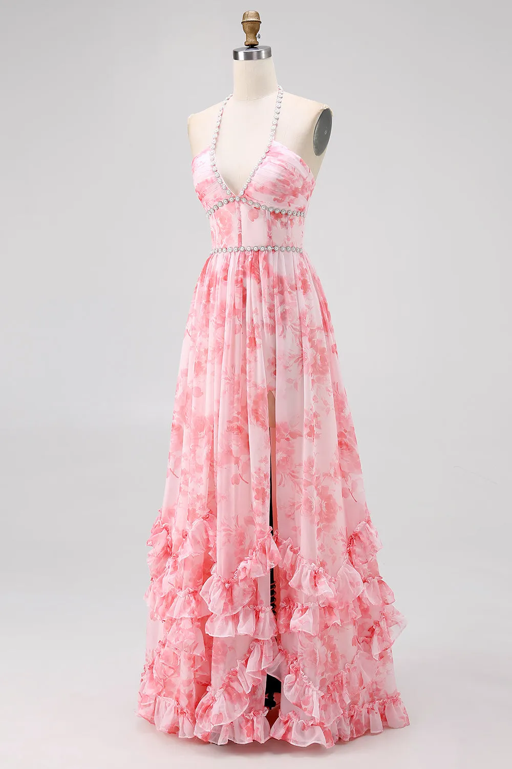 Blush Beaded Halter Printed Floral Wedding Guest Dress with Slit sold by Zapaka product image thumbnail 3