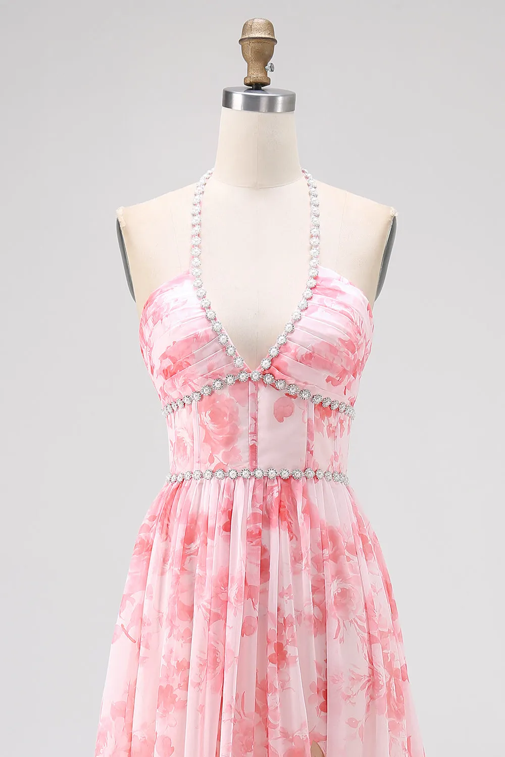 Blush Beaded Halter Printed Floral Wedding Guest Dress with Slit sold by Zapaka product image thumbnail 4