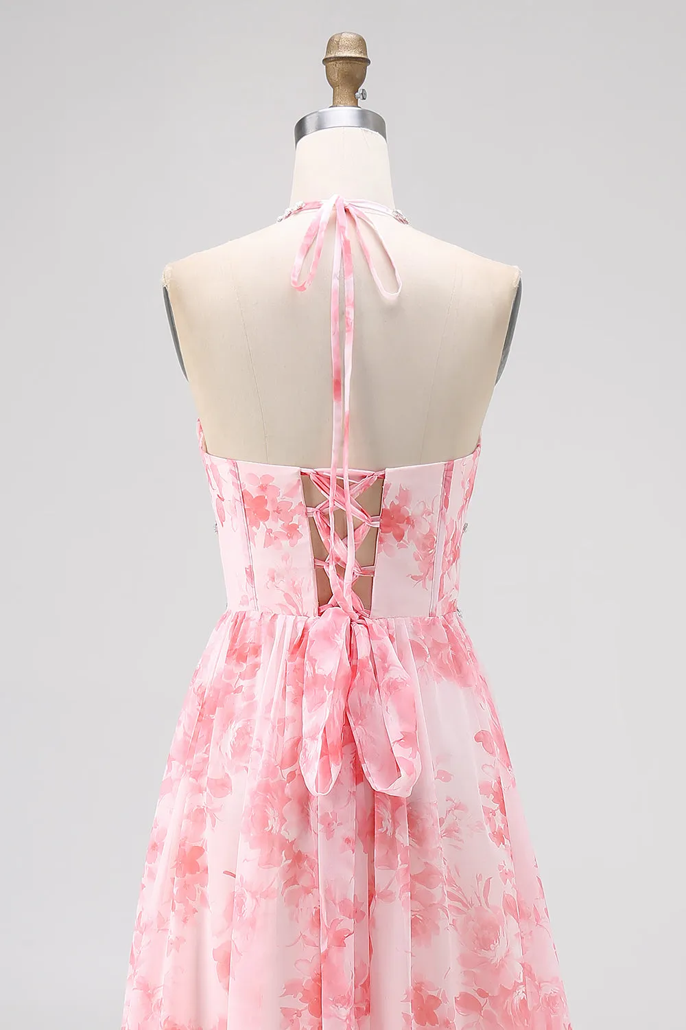 Blush Beaded Halter Printed Floral Wedding Guest Dress with Slit sold by Zapaka product image thumbnail 5