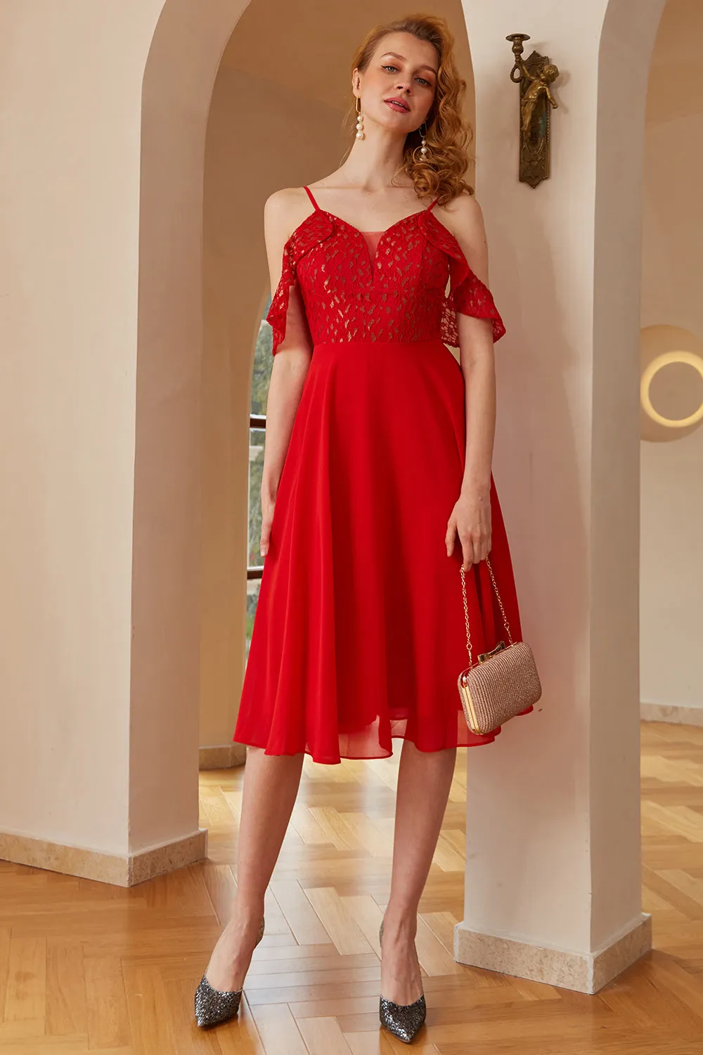 Cute Off the Shoulder Midi Red Lace Dress sold by Zapaka product image thumbnail 4