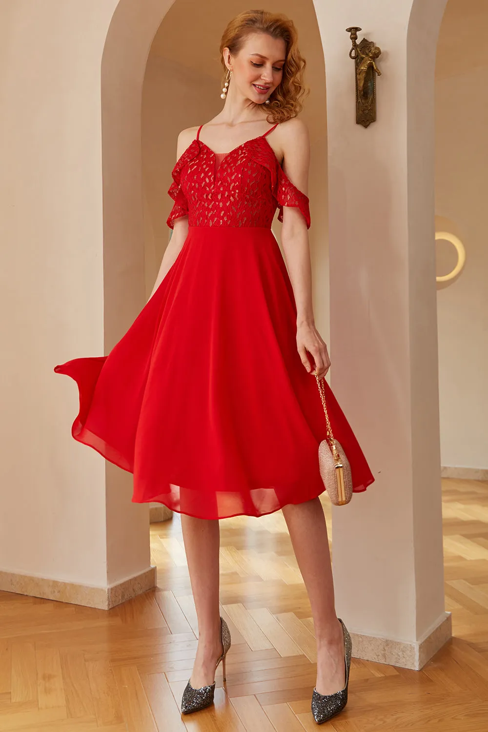 Cute Off the Shoulder Midi Red Lace Dress sold by Zapaka