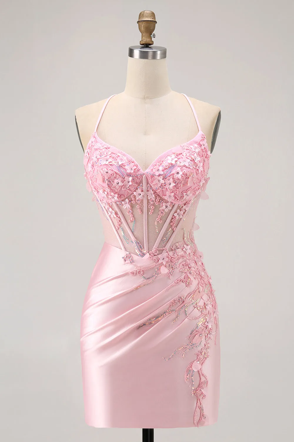 Candy Pink Bodycon Beaded Corset Short Homecoming Dress with Appliques sold by Zapaka