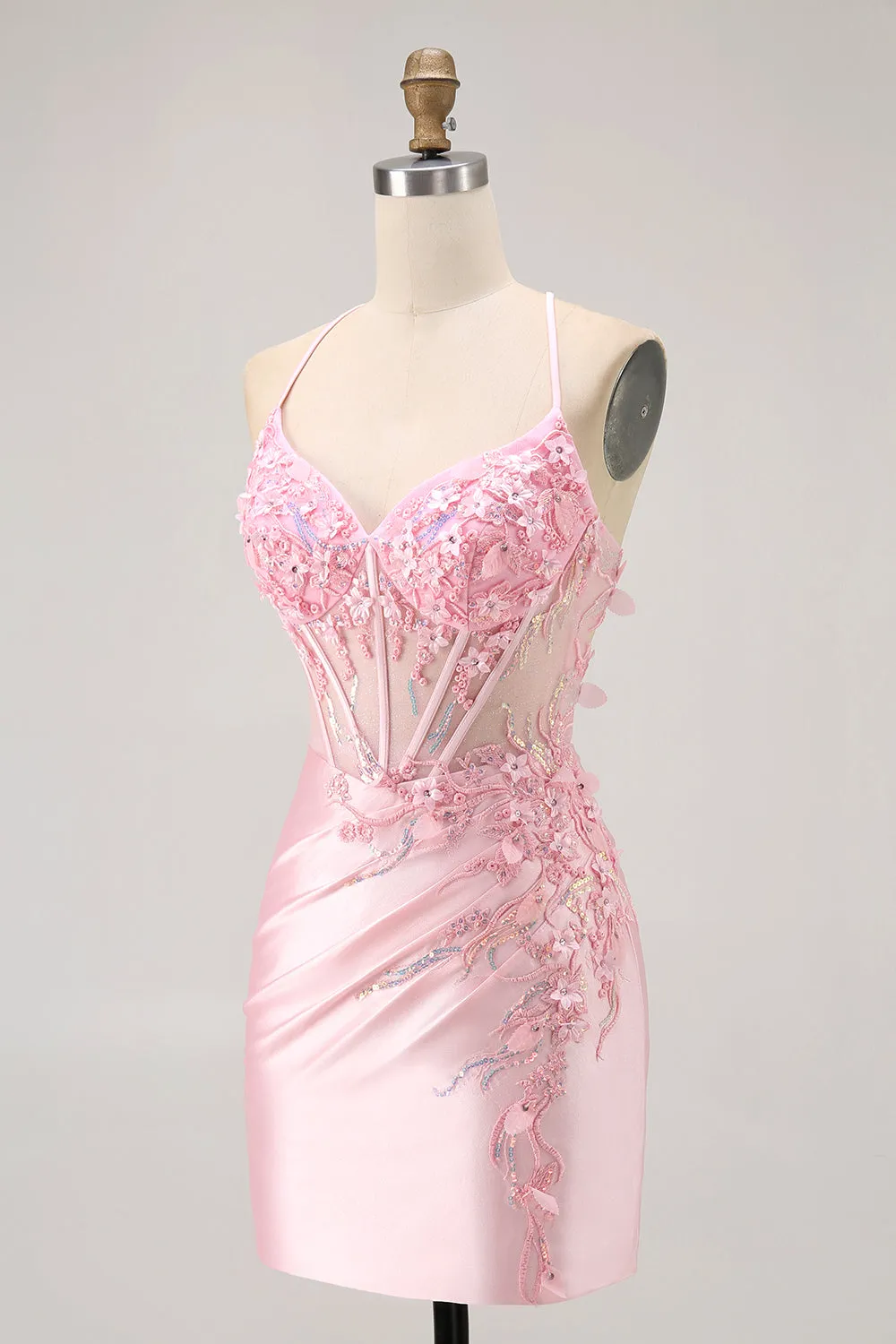 Candy Pink Bodycon Beaded Corset Short Homecoming Dress with Appliques sold by Zapaka product image thumbnail 3
