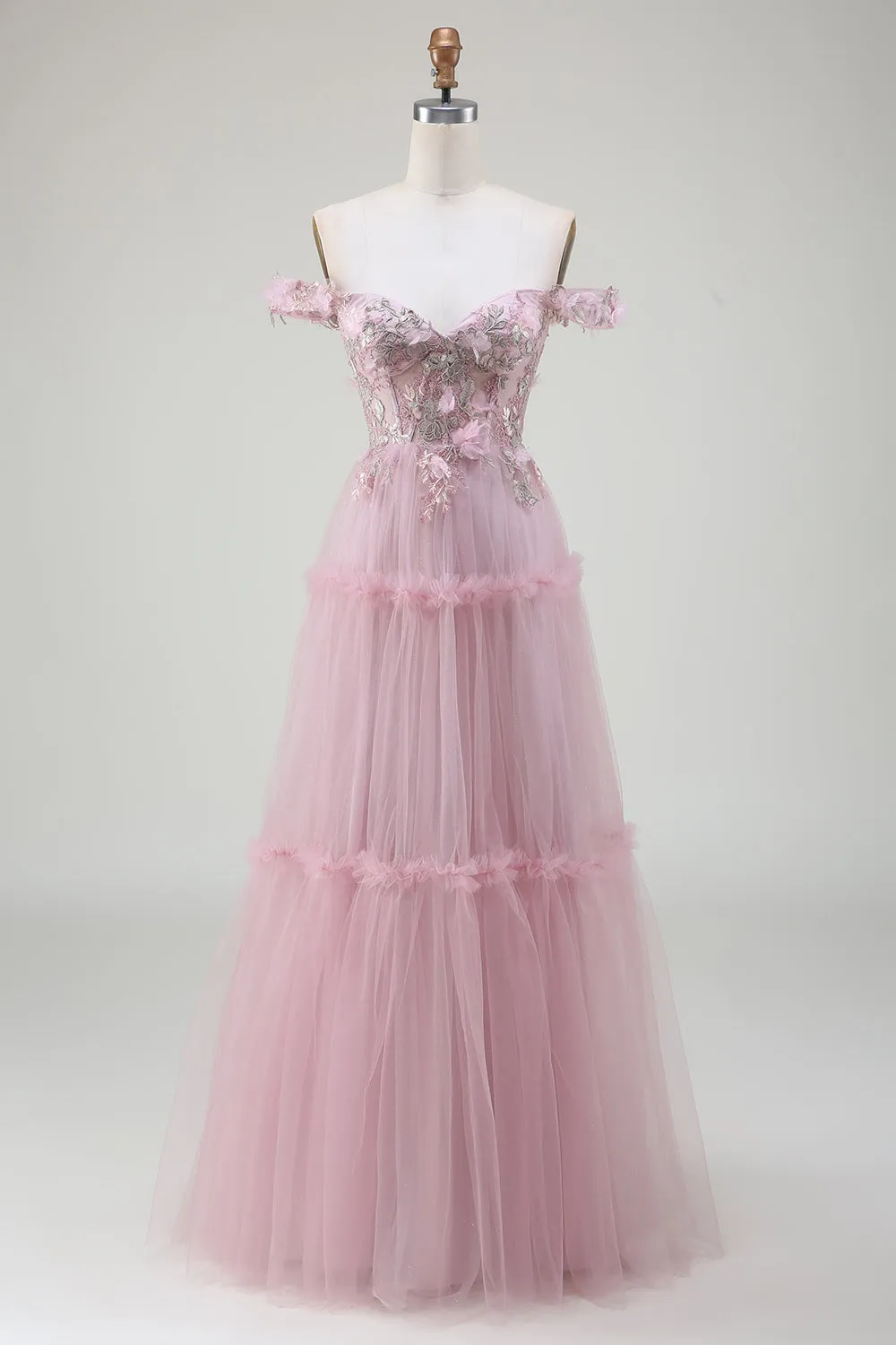 Off the Shoulder Tulle Pink Prom Dress with Appliques sold by Zapaka