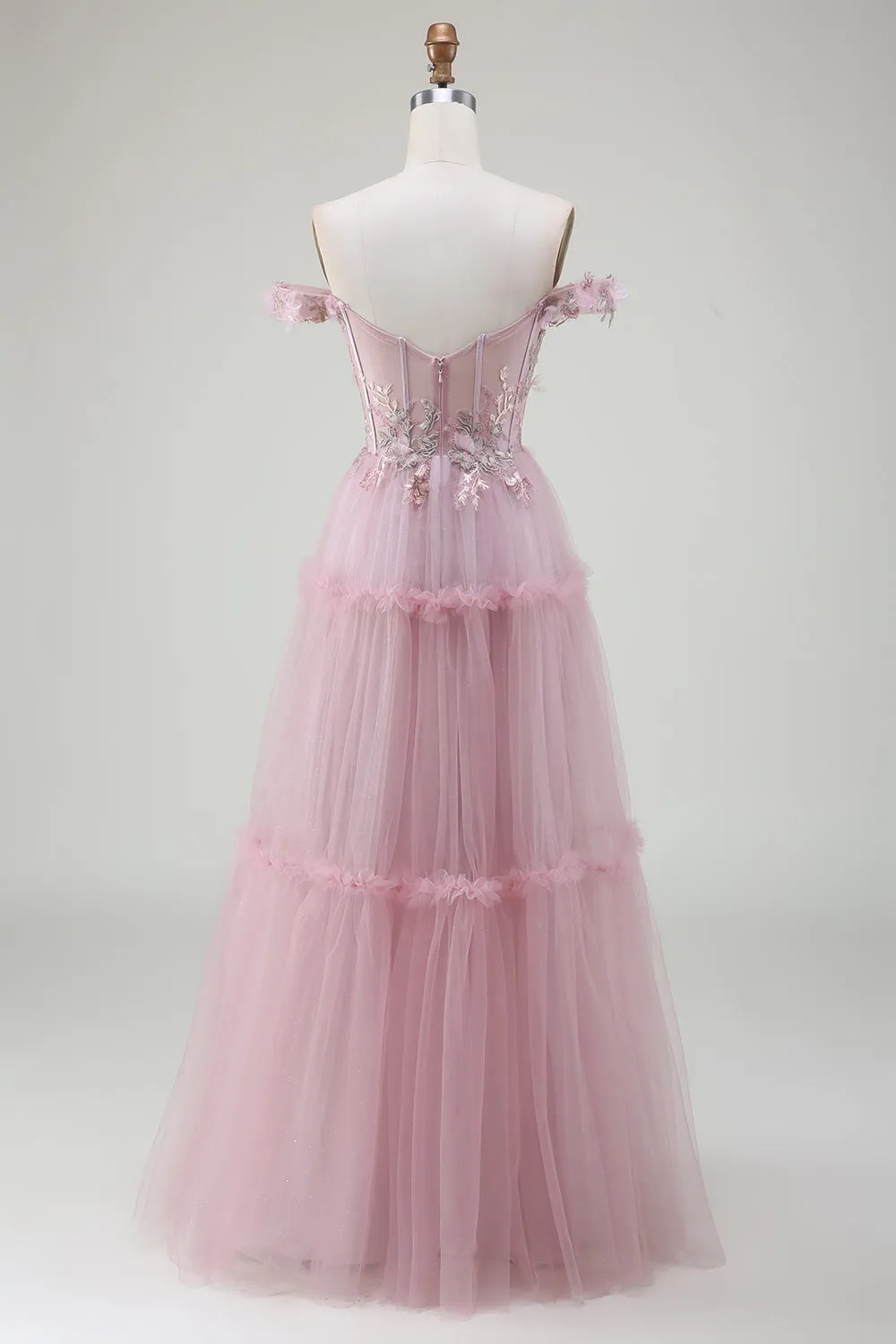 Off the Shoulder Tulle Pink Prom Dress with Appliques sold by Zapaka product image thumbnail 2