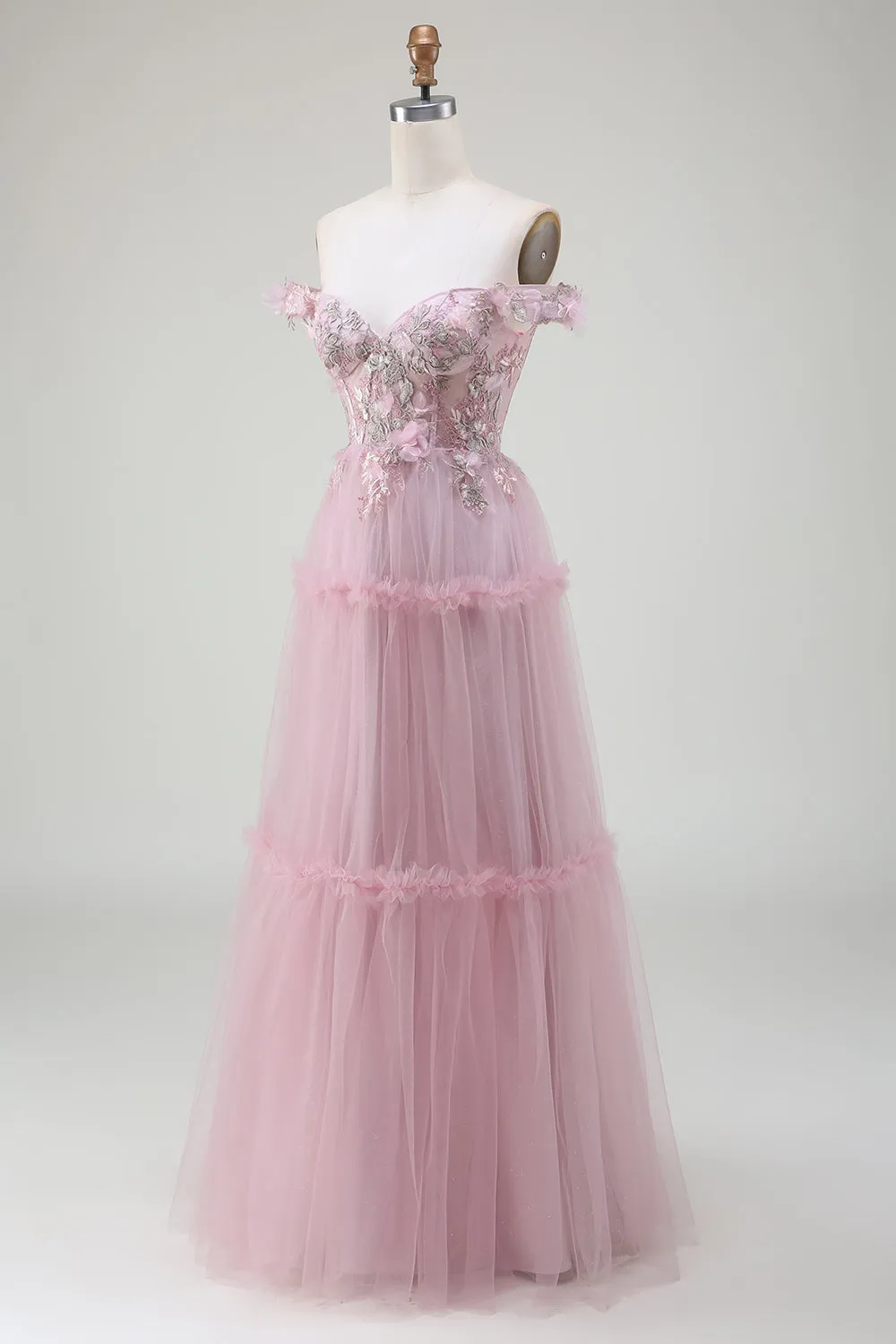 Off the Shoulder Tulle Pink Prom Dress with Appliques sold by Zapaka product image thumbnail 3