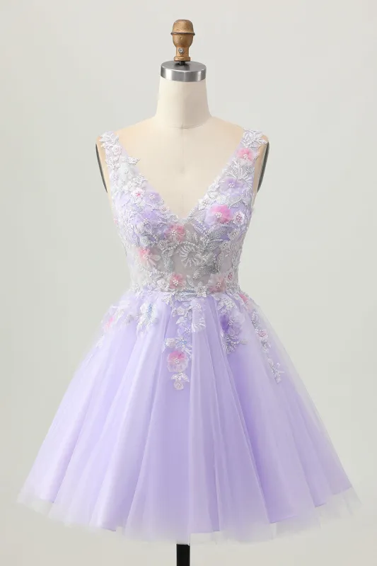 Beaded A Line Sequins Appliqued Lilac Short Homecoming Dress sold by Zapaka