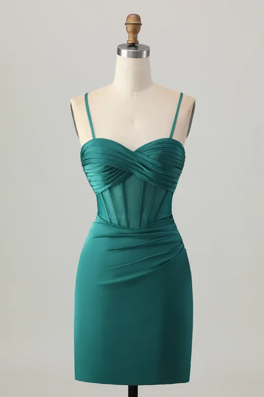 Dark Green Corset Tight Short Satin Homecoming Dress sold by Zapaka
