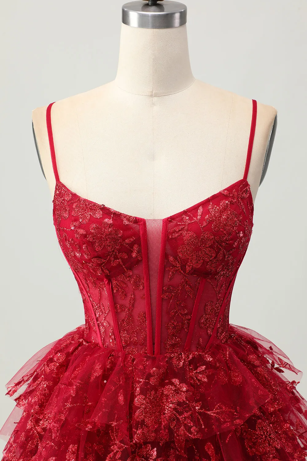 Sparkly Dark Red A-Line Tiered Corset Sequin Mini Homecoming Dress sold by Zapaka product image thumbnail 4