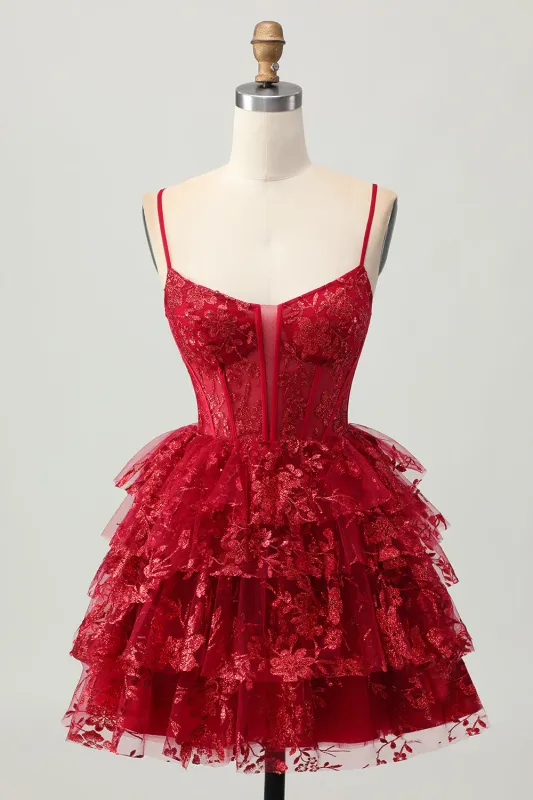 Sparkly Dark Red A-Line Tiered Corset Sequin Mini Homecoming Dress sold by Zapaka