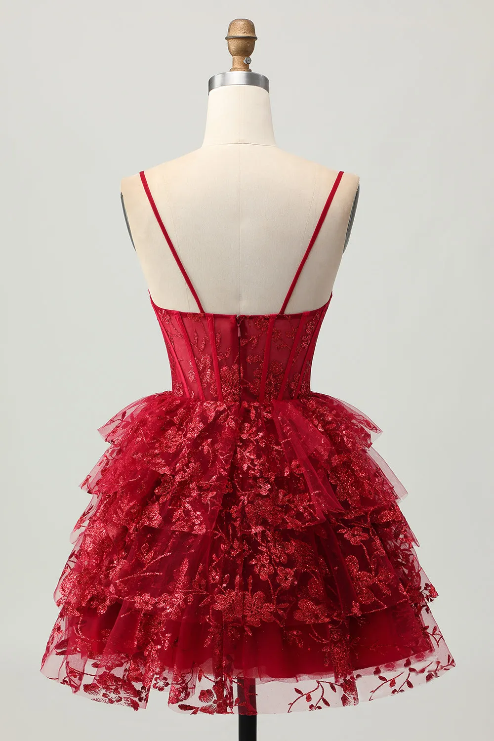 Sparkly Dark Red A-Line Tiered Corset Sequin Mini Homecoming Dress sold by Zapaka product image thumbnail 2