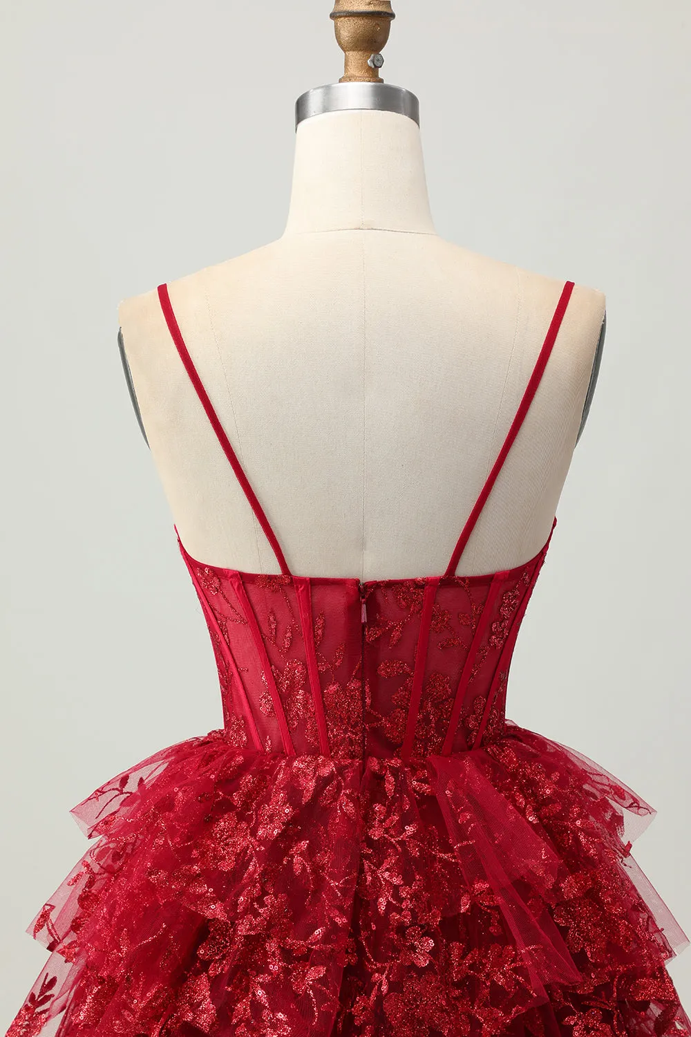 Sparkly Dark Red A-Line Tiered Corset Sequin Mini Homecoming Dress sold by Zapaka product image thumbnail 5