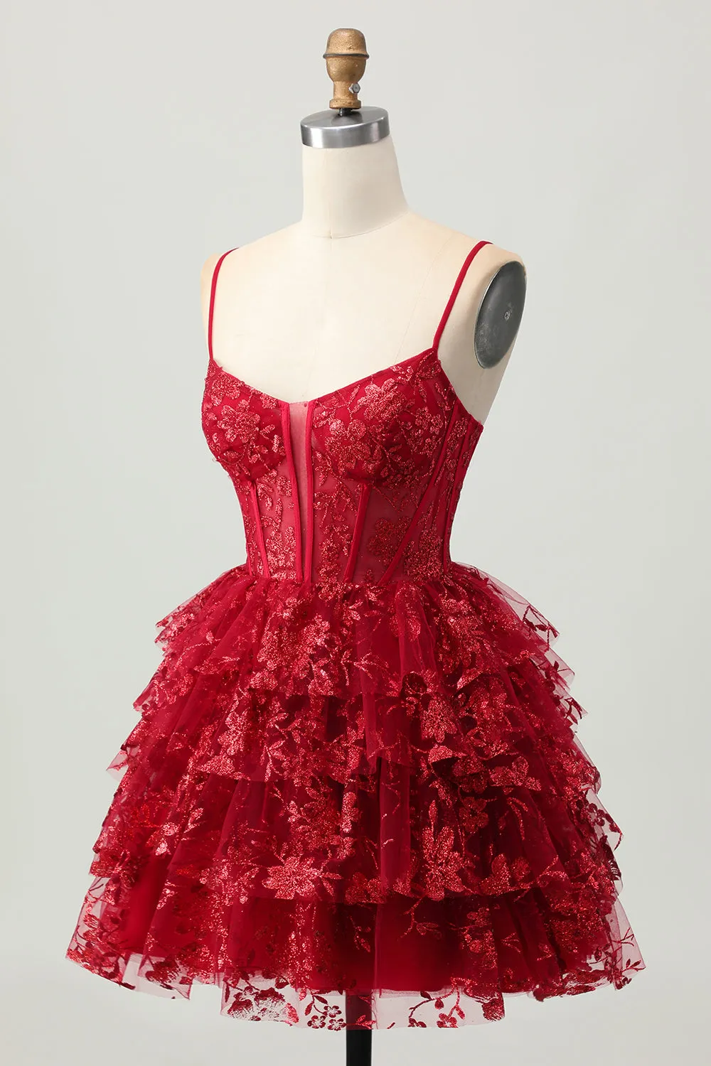 Sparkly Dark Red A-Line Tiered Corset Sequin Mini Homecoming Dress sold by Zapaka product image thumbnail 3
