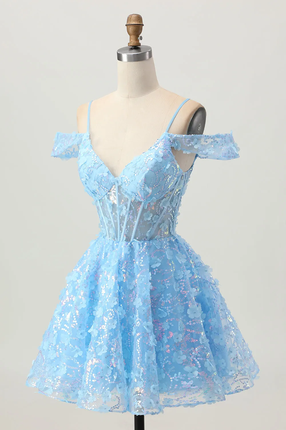 Sparkly Sequins Blue A-Line Cold Shoulder Mini Homecoming Dress with Open Back sold by Zapaka product image thumbnail 3