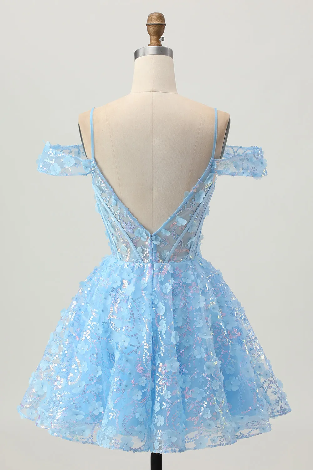 Sparkly Sequins Blue A-Line Cold Shoulder Mini Homecoming Dress with Open Back sold by Zapaka product image thumbnail 2