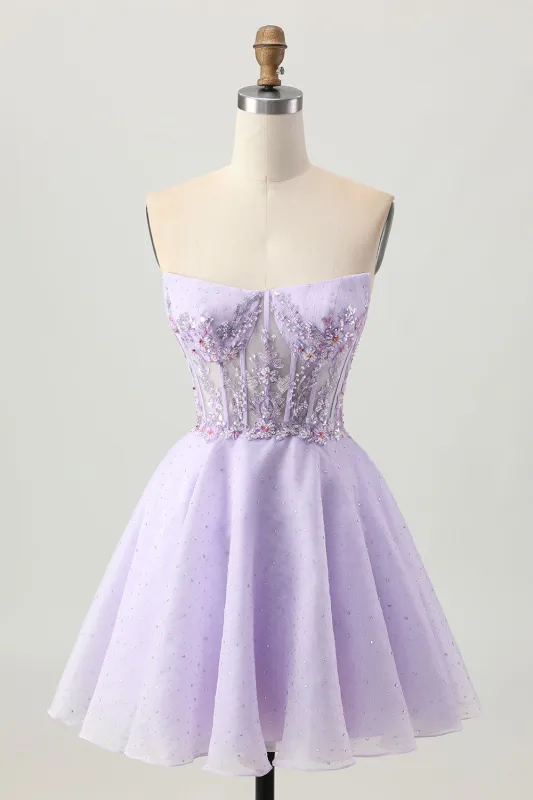 Sparkly A Line Strapless Sequins Lace Up Back Mini Lilac Homecoming Dress with Beading sold by Zapaka