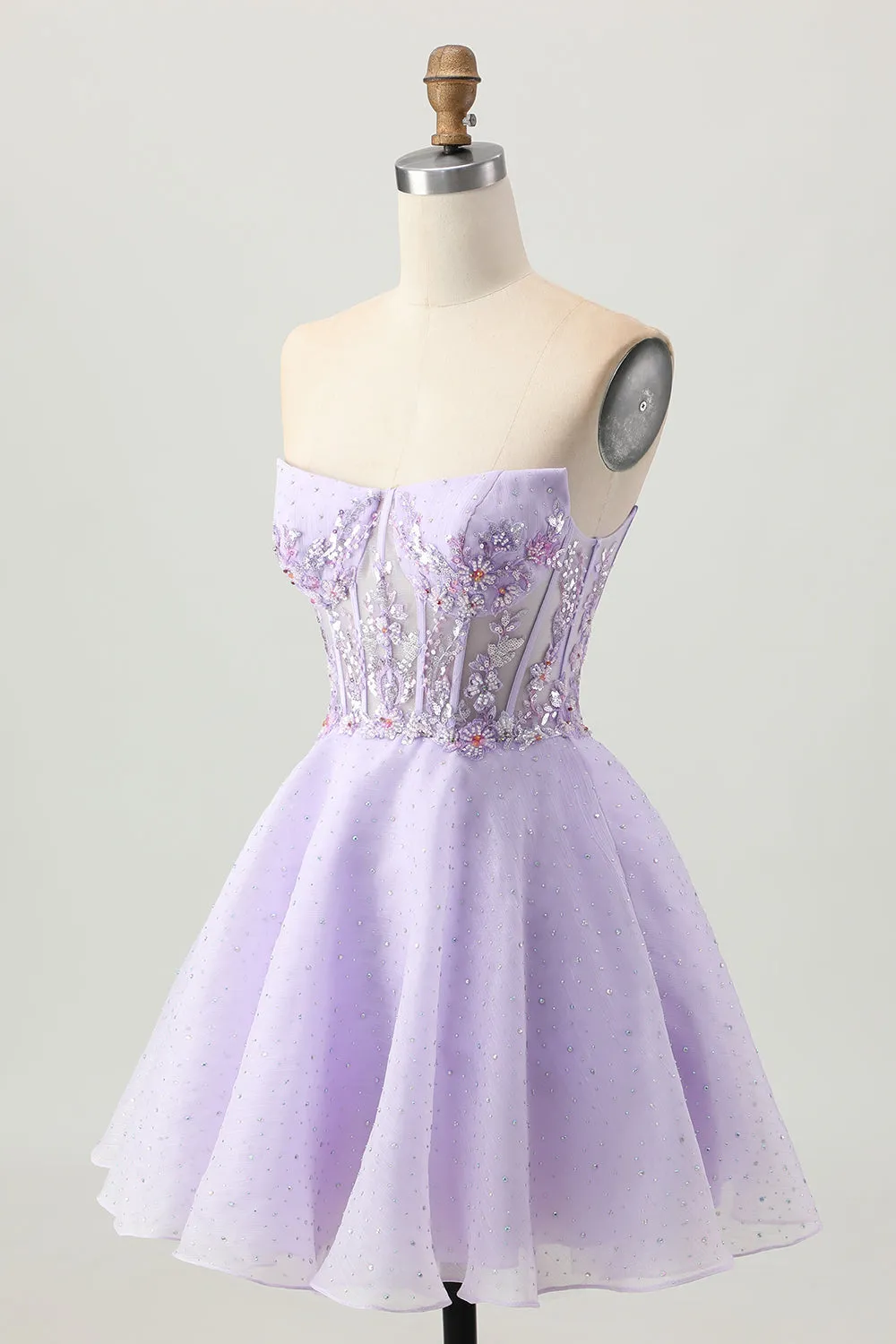 Sparkly A Line Strapless Sequins Lace Up Back Mini Lilac Homecoming Dress with Beading sold by Zapaka product image thumbnail 3