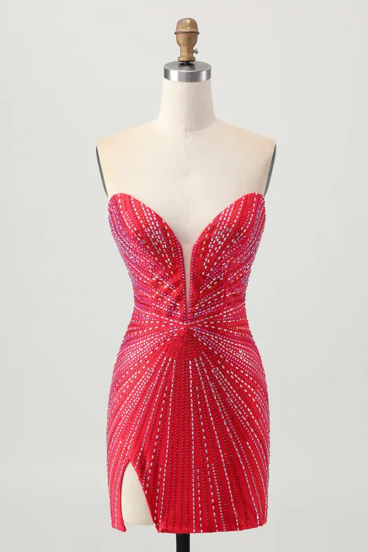 Sparkly Red Beaded Short Tight Homecoming Dress with Slit sold by Zapaka