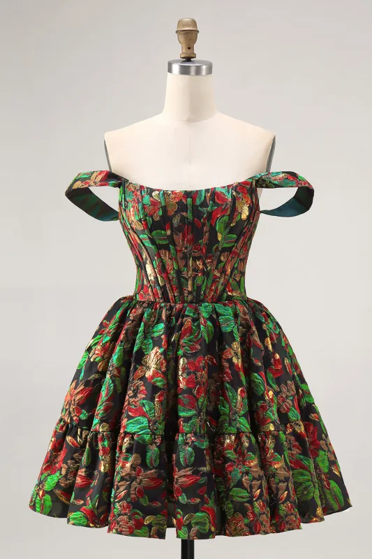 Off The Shoulder Dark Green Brocade Floral A Line Printed Homecoming Dress sold by Zapaka