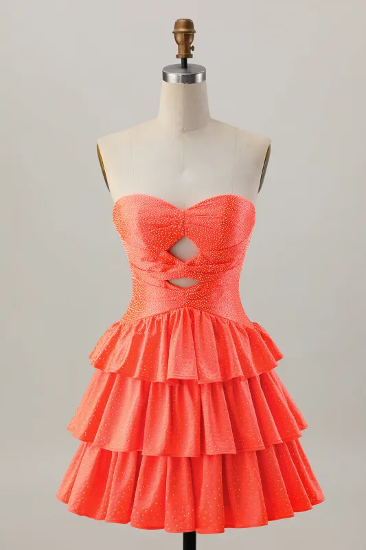 Orange Strapless Tiered A Line Cut Out Homecoming Dress with Beading sold by Zapaka