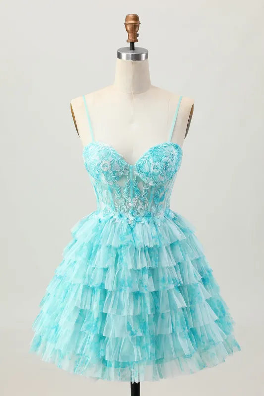 Blue Green A Line Tiered Print Corset Mini Homecoming Dress with Ruffle Skirt sold by Zapaka