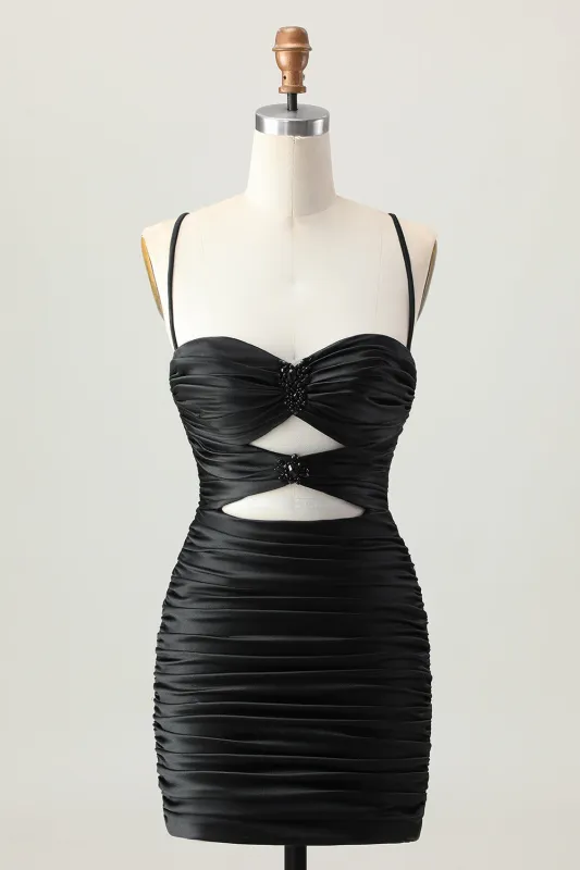 Black Spaghetti Straps Ruched Tight Cut-Out Mini Homecoming Dress sold by Zapaka