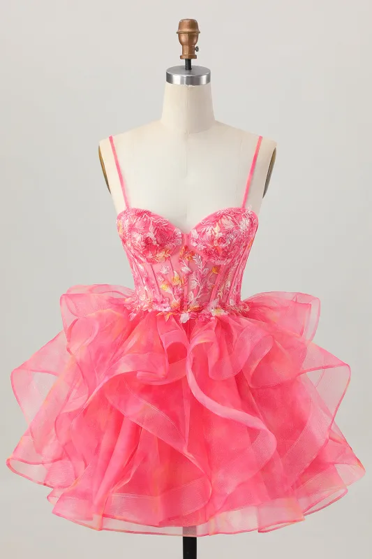 Red A-Line Embroidered Corset Mini Homecoming Dress with Ruffle-Hem sold by Zapaka